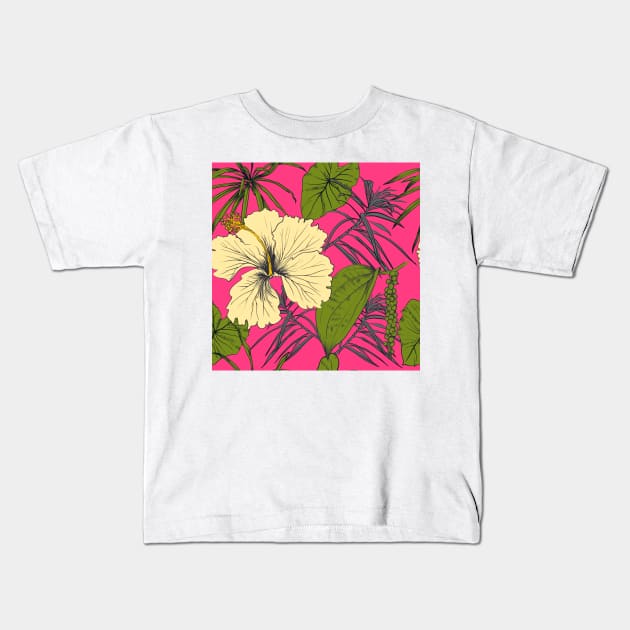 Tropical exotic flowers and leaves Kids T-Shirt by Olga Berlet